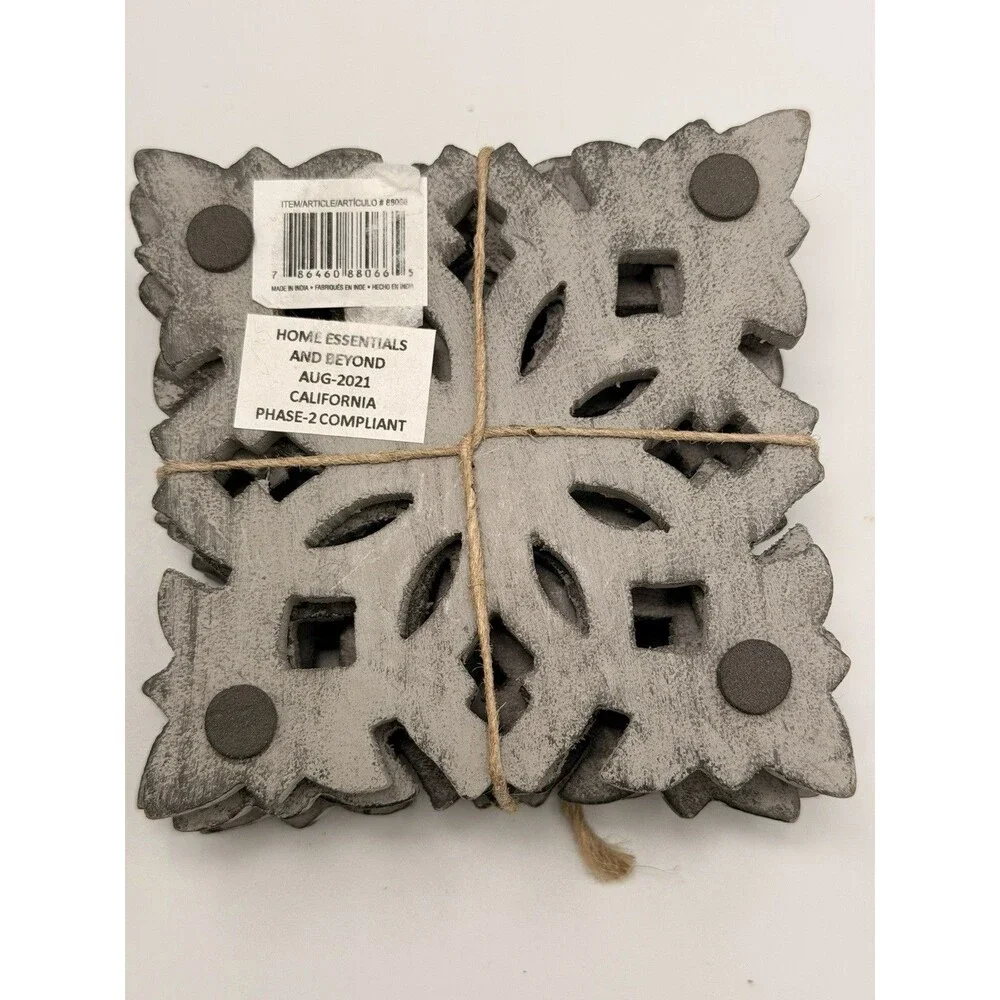 Artisan Market Hand Carved Wood Coasters Gray Distressed Set of 4 Farmhouse 4x4